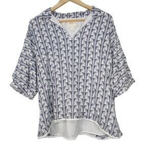Emily McCarthy Palm Print Cotton Popover Top XL Blue White Coastal resort beach